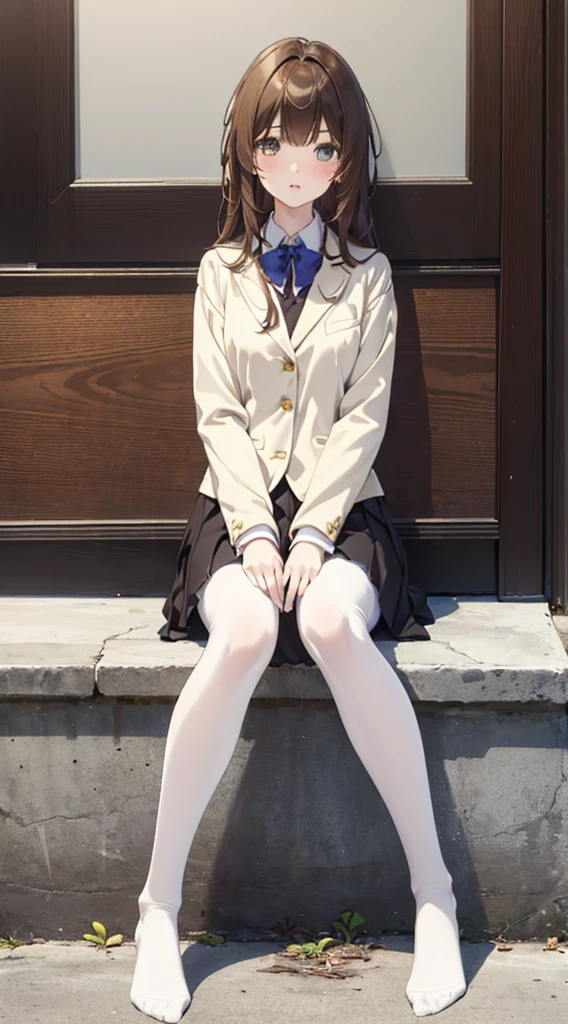 Top quality, masterpiece, High resolution, (Head to toe full body), front, frontやや下からの構図, Symmetric, Tall 18 year old girl, alone, (Head to toe), (Small breasts), Unkempt brown hair, bangs, (black tights), (Black Pantyhose), (Sit with your legs apart), (Crouching pose), (A composition showing white panties), (Her legs were spread、I see your white pants.), (I was made to sit on the floor with my legs spread..), (M-shaped legs), Thin legs, A very beautiful and tall 18 year old girl, (No shoes), blush, Shy big eyes, looking at the camera, Blazer Uniform, Checkered Pleated Skirt