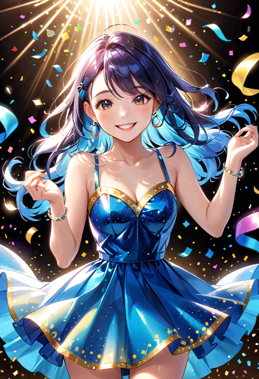 Beautiful ring on hand、Showing off her shiny ring、Great smile、Bright smile、Blue half dress、Showing off a shining ring、Seven-colored confetti is dancing