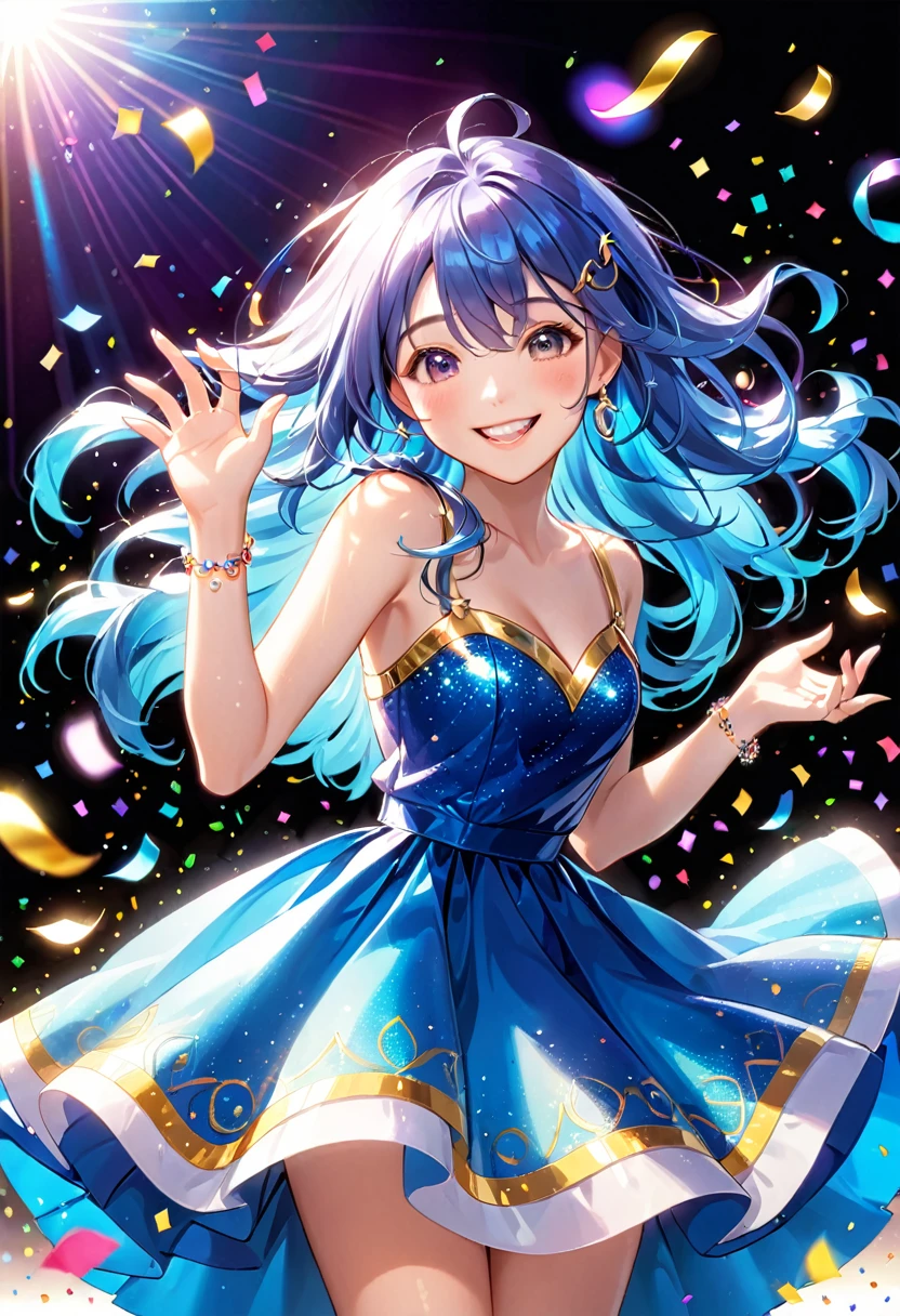 Beautiful ring on hand、Showing off her shiny ring、Great smile、Bright smile、Blue half dress、Showing off a shining ring、Seven-colored confetti is dancing