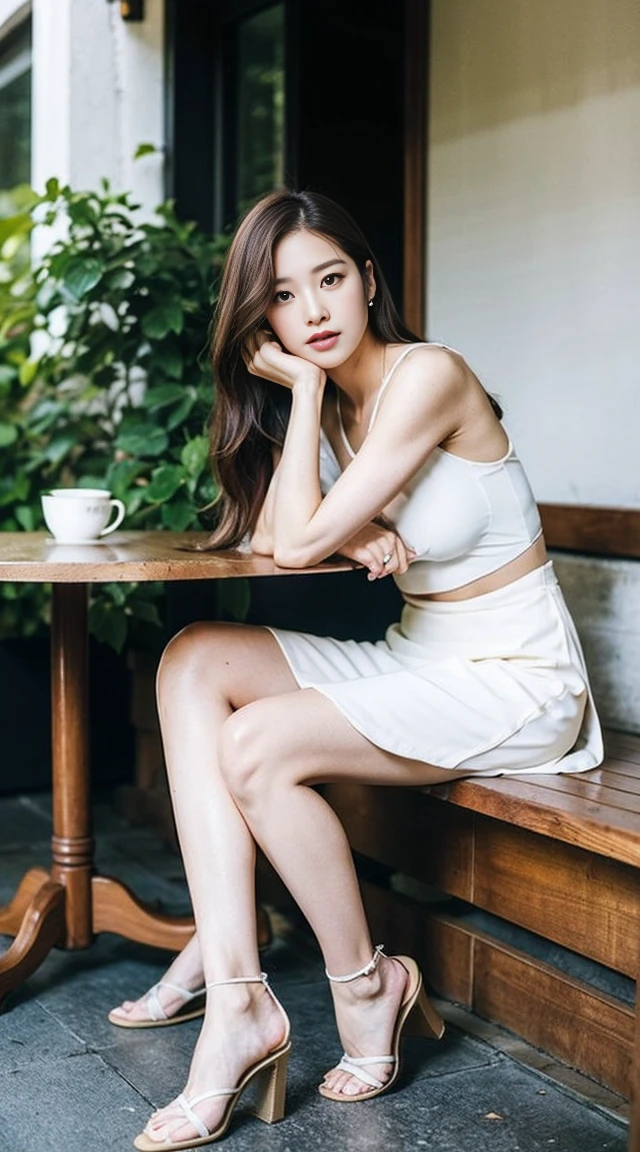 Dark brown hair、Light brown eyes、Japanese actress、 Lady、I40歳くらいです..、(Intricate details:1.2)、(Which is the top????:1.4)、 (Ultra-high resolution:1.2)、Ultra-high resolution、(Finely tuned)、(Detailed facial features)、Hmph、8K resolution、D cup size breasts、Long Hair、ロサンゼルス Shade Awning サン＆Shade Awning、Terrace Cafe、Cafe tables lined up、Cafe chair、relax、、,Full body photo、Head to toe shot、Beautiful legs、White camisole、mini skirt、Blackpink Jenny　I、Take this photo、Beautiful legs、she, Fashion Hub, Attention to detail, Very detailed, Realistic, Hourglass Shaped Body, Obscene pose,Leaning against a wall、Please lift your chin up a little.....、Poses that make you feel weak、Are crying、Deep sorrow、My eyes and cheeks are wet with tears、A cafe surrounded by white flowers、Very sandals、Place your elbows on the table、Place your chin on your hand、