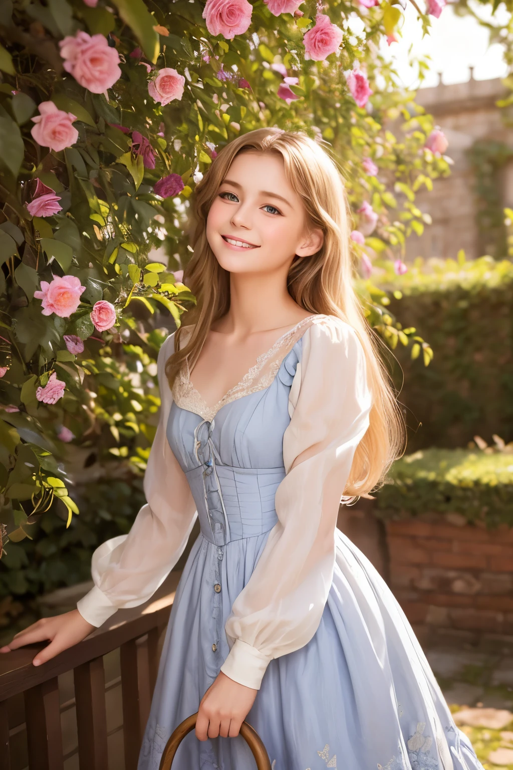 village realisticlying、Virginia Otis 15-year-old blonde hair blue eyes、City of victorian age, Europe. aristocrat girl、Looking up from below、 wear long sleeve sheer fabric dress、Various dynamic poses、Face smile、cute face, Depicts the whole body、a beautiful girl, extremely detailed eyes and face, long eyelashes, elegant dress, sunlight dappled garden, lush foliage, detailed floral patterns, soft lighting, cinematic composition, vibrant colors, photorealistic, 8k, high quality, dinamyc pose
