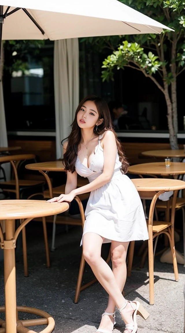 Dark brown hair、Light brown eyes、Japanese actress、 Lady、I40歳くらいです..、(Intricate details:1.2)、(Which is the top????:1.4)、 (Ultra-high resolution:1.2)、Ultra-high resolution、(Finely tuned)、(Detailed facial features)、Hmph、8K resolution、D cup size breasts、Long Hair、ロサンゼルス Shade Awning サン＆Shade Awning、Terrace Cafe、Cafe tables lined up、Cafe chair、relax、、,Full body photo、Head to toe shot、Beautiful legs、White camisole、mini skirt、Blackpink Jenny　I、Take this photo、Beautiful legs、she, Fashion Hub, Attention to detail, Very detailed, Realistic, Hourglass Shaped Body, Obscene pose,Leaning against a wall、Please lift your chin up a little.....、Poses that make you feel weak、Are crying、Deep sorrow、My eyes and cheeks are wet with tears、A cafe surrounded by white flowers、Very sandals、Place your elbows on the table、Place your chin on your hand、