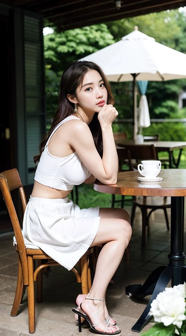 Dark brown hair、Light brown eyes、Japanese actress、 Lady、I40歳くらいです..、(Intricate details:1.2)、(Which is the top????:1.4)、 (Ultra-high resolution:1.2)、Ultra-high resolution、(Finely tuned)、(Detailed facial features)、Hmph、8K resolution、D cup size breasts、Long Hair、ロサンゼルス Shade Awning サン＆Shade Awning、Terrace Cafe、Cafe tables lined up、Cafe chair、relax、、,Full body photo、Head to toe shot、Beautiful legs、White camisole、mini skirt、Blackpink Jenny　I、Take this photo、Beautiful legs、she, Fashion Hub, Attention to detail, Very detailed, Realistic, Hourglass Shaped Body, Obscene pose,Leaning against a wall、Please lift your chin up a little.....、Poses that make you feel weak、Are crying、Deep sorrow、My eyes and cheeks are wet with tears、A cafe surrounded by white flowers、Very sandals、Place your elbows on the table、Place your chin on your hand、