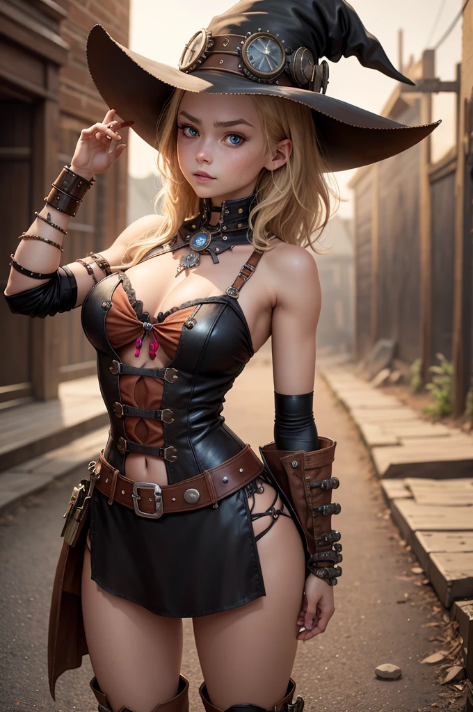 steampunkai。top quality。masterpiece。detailed information。one girl。 Girl。1 girl, Medium breasts, swimsuit, black swimsuit with red accents, without sleeves, life, bare legs, boots, matching boots, bracelets, Mars background, One, lonely, standing, full body shot, cowboy shot, beautiful detailed eyes, blonde hair, Medium hair, superhero, barbarian, using broad sword in handsteampunk witch。witch hat。witch&#39;cloth。long brown fluffy hair。smile。carry a big broom。Running on the road。Background - forest, bright light shines through.