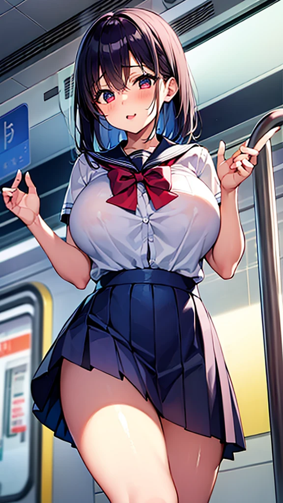 1 Girl, Big Breasts, diaphragm, internal, Crowded train, Are standing, Cowboy Shot, ((School_uniform))