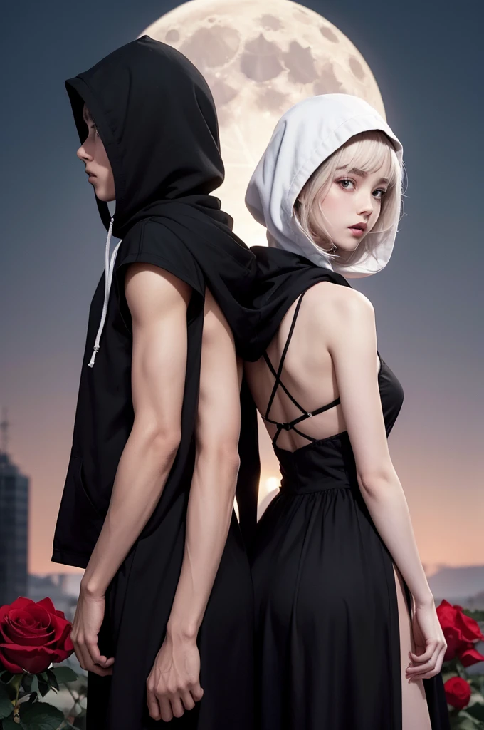 A couple back to back looking at the moon,the girl is short and wears a short black dress and her hair is white the boy is tall and wears a hood and mask all in dark colors they hold roses one red and one white 