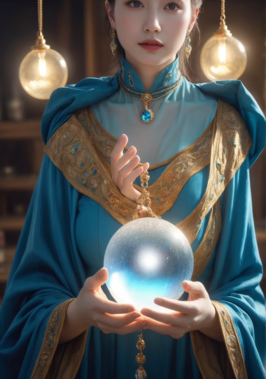 Female fortune teller. Body and face orientation: front. Charm, Beautiful and mysterious. She is wearing a blue cape、Have a clear face. The atmosphere is bright and sparkling, Filled with anxiety and anticipation. A fortune teller is standing. He has a crystal ball in his right hand. The lighting in the room is bright, Create a fantastic atmosphere. Best image quality, 4K or 8K resolution. Extremely detailed and realistic, Almost photorealistic. Artistic style is、It should reflect the formula&#39;s aesthetic with bright colors and strong contrast。. The color palette should emphasize the mysterious and mystical theme of the piece.. The fortune teller&#39;s cloak is decorated with metal trim and intricate designs.、The thickness ratio is 1.5. The overall atmosphere is starry and magical.. The fortune teller&#39;s facial expression should arouse mystical interest..