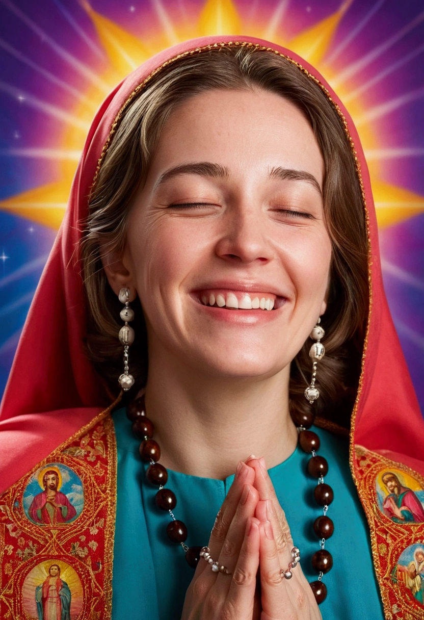 woman praying a rosary with a happy face and a bright background. The background image is a Catholic church, with an image of Jesus and Our Lady