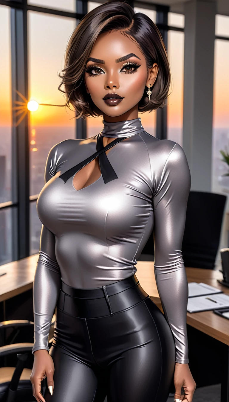 Beautiful woman with short straight brown hair with black eyes wearing a Black Gym Tight Leggings, a Grey Sexy Criss Cross Mock Neck Mid Sleeves Blouse, luxurious jewelry, 18k gold wedding ring on left hand, standing in an office room at sunset wearing a luxurious silver necklace (ebony skin), (light brown lipstick),(elegant mascara),(muscular body with abs),(mid breasts) midjourney, <lora:GoodHands-, <lora:GoodLegs-, UHD, high resolution, (masterpiece:1.1, best quality), (expressive eyes, perfect face, full body, expressive face, perfect body, perfect pussy, athletic, fit, slim body, blushing, Perfect makeup, eyeliner, beautiful eyelashes, smiling, horny face), ((best illumination, best shadows))