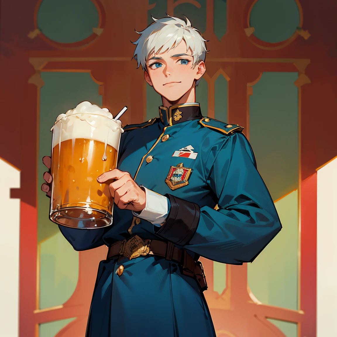 Fantasy, Friendly, male guard, in a British guard uniform, enjoying a pint.