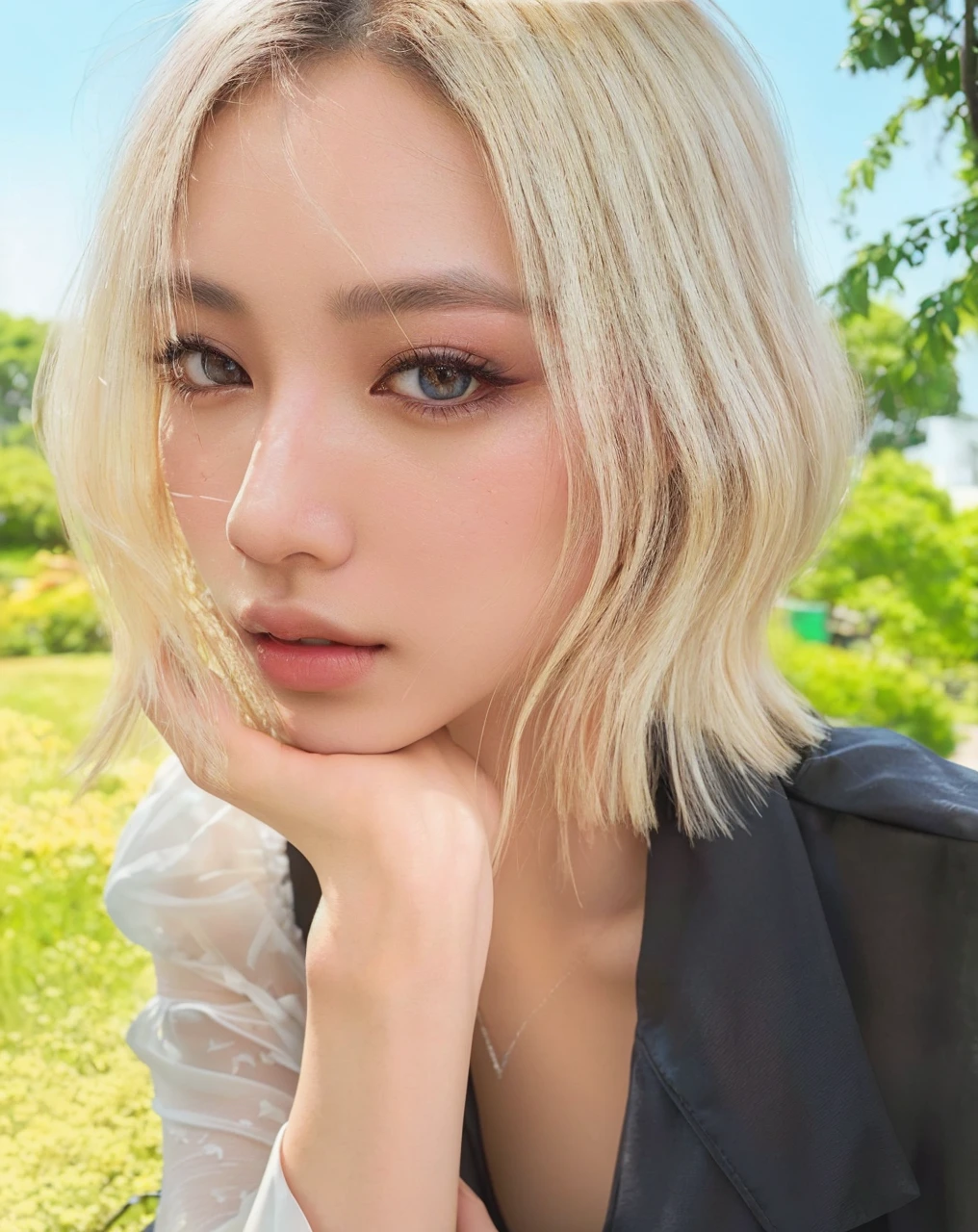 a beautiful asian girl in a garden, 1girl, detailed eyes, detailed lips, longeyelashes, detailed face, elegant dress, sitting on a bench, surrounded by flowers, intricate floral patterns, afternoon sunlight, warm color tones, lush greenery, highly detailed, photorealistic, masterpiece
