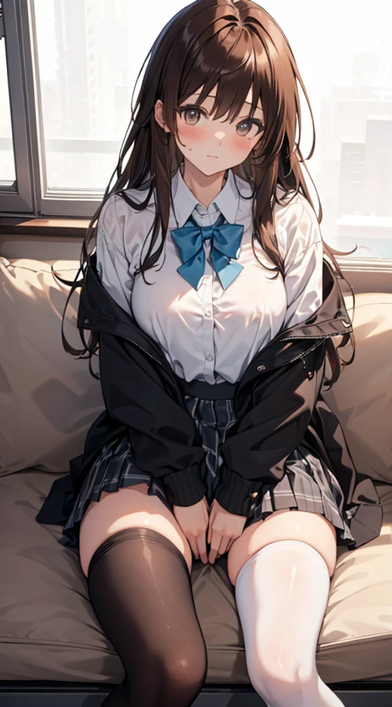 Top quality, masterpiece, High resolution, (Head to toe full body), front, frontやや下からの構図, Symmetric, Tall 18 year old girl, alone, (Head to toe), (Small breasts), Unkempt brown hair, bangs, (black tights), (Black Pantyhose), (Sit with your legs apart), (Crouching pose), (A composition showing white panties), (Her legs were spread、I see your white pants.), (I was made to sit on the floor with my legs spread..), (M-shaped legs), Thin legs, A very beautiful and tall 18 year old girl, (No shoes), blush, Shy big eyes, looking at the camera, Blazer Uniform, Checkered Pleated Skirt