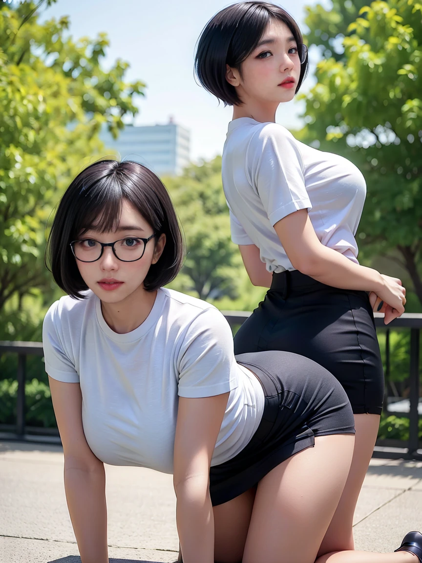 Mature Woman　(short hair)　(Black short bob hair)　plump　　Attractive appearance　Rimless Glasses　Big eyes　Expressions of joy　　Very large breasts　A tight fitting light grey shirt and a very short black skirt　at the park　　masterpiece　humidity　　Drawing from below　Portraiture　　Low Angle　Beautiful legs　　　Your  line is beautiful　Flip Up Skirt　　Get on all fours　Accentuate your butt　she'not wearing panties under the skirt　Genitals are exposed　The skirt was pulled up　Photograph 　