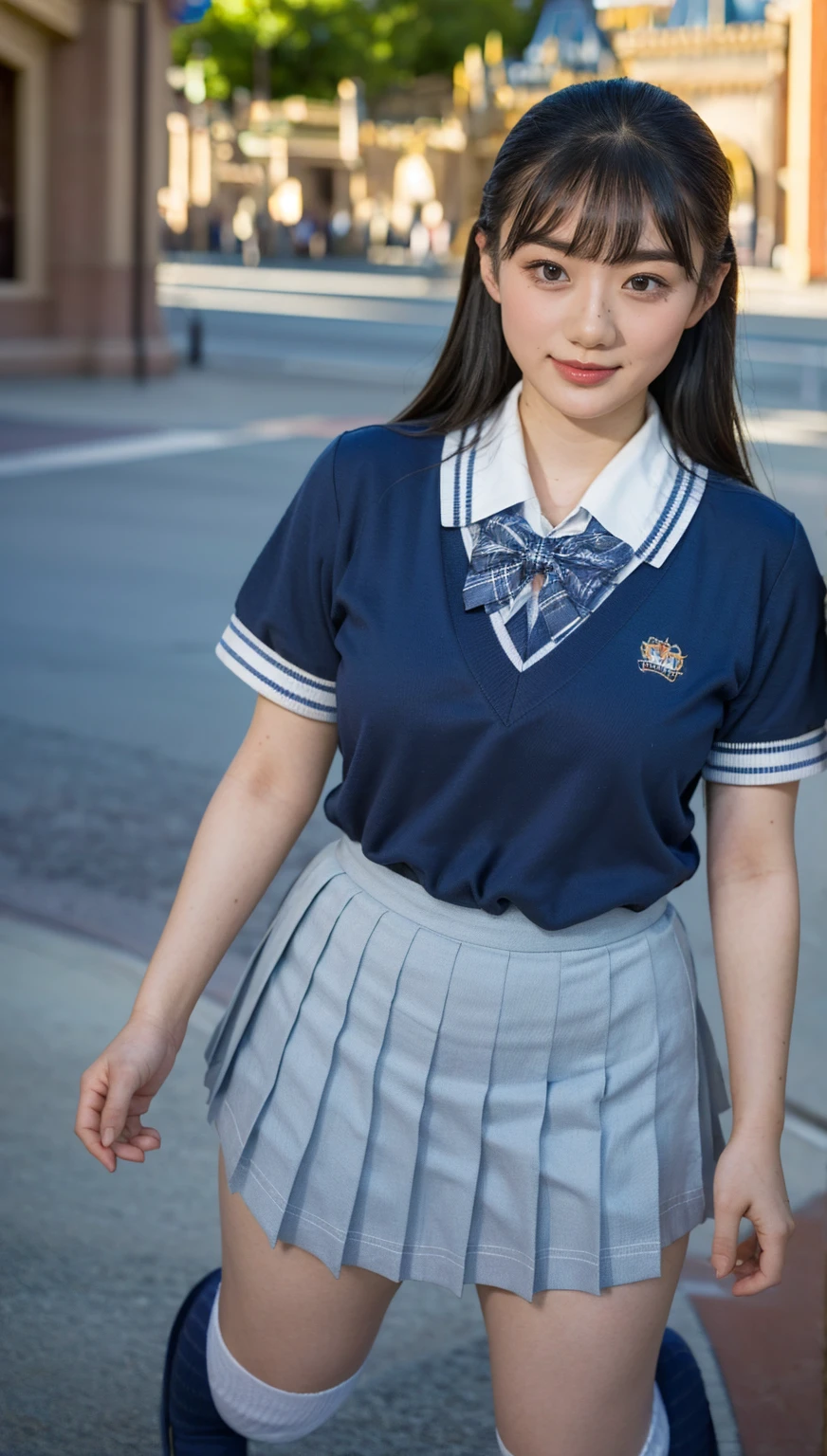 (photorealistic:1.4), (fullbody shot), best quality, masterpiece, raw 32k photo, (extremely detailed japanese beautiful girl), (extremely detailed eyes:1.2),(baby face), (cute face:1.2), ultra-detailed, ultra high res, amazing, BREAK,standing,
(school uniform:1.5),detailed school girl, (disneyland:1.4), beautiful detailed girl, bangs, cute face, miniskirt,(baggysocks)