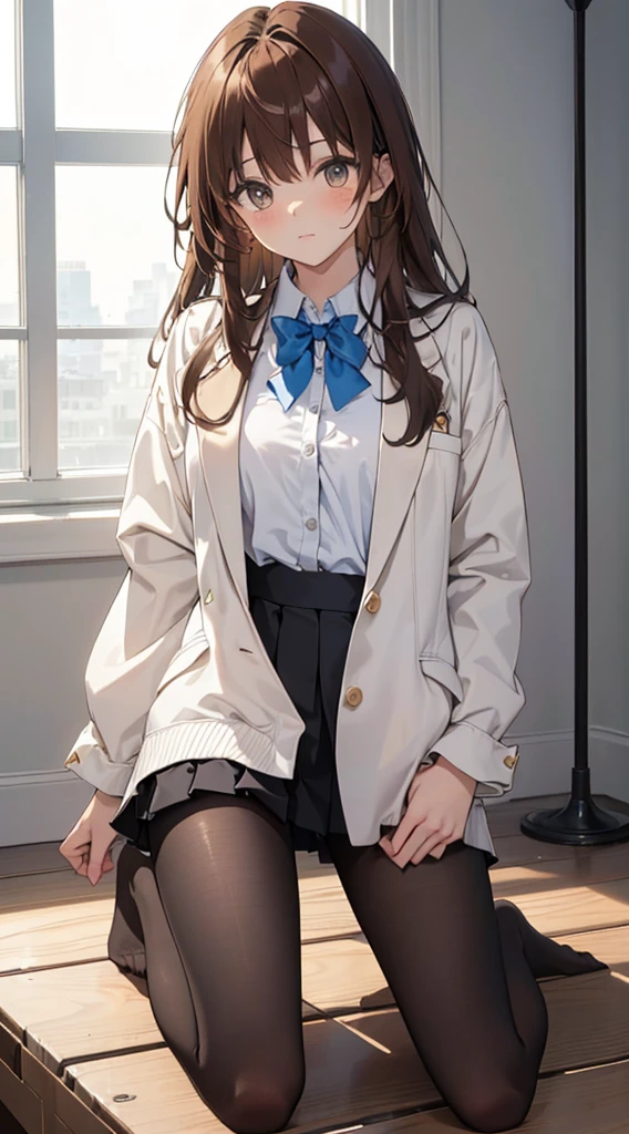 Top quality, masterpiece, High resolution, (Head to toe full body), front, frontやや下からの構図, Symmetric, Tall 18 year old girl, alone, (Head to toe), (Small breasts), Unkempt brown hair, bangs, (black tights), (Black Pantyhose), (Sit with your legs apart), (Crouching pose), (A composition showing white panties), (Her legs were spread、I see your white pants.), (I was made to sit on the floor with my legs spread..), (M-shaped legs), Thin legs, A very beautiful and tall 18 year old girl, (No shoes), blush, Shy big eyes, looking at the camera, Blazer Uniform, Checkered Pleated Skirt