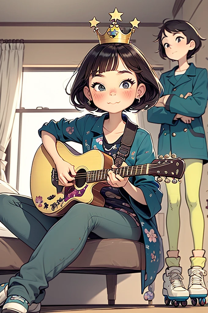She was unique, ager energetic black eyes Dressed for an important date, She wears a floral print dress a plastic crown like Cinderella And in-line skates lying on the bed. He looks like a star with an overcoat like a pirate, black hair and eyes, brunette skin, jeans and sneakers. With your plastic guitar.Como no dia do Halloween.