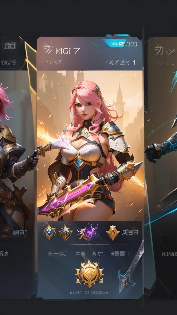 three screens of a woman with pink hair and a sword, portrait knights of zodiac girl, mobile legends, kda, ig model | artgerm, epic battle screen of hero, brigitte, riven, katarina, iconic character splash art, style artgerm, character splash art, style league of legends, full protrait, mobile wallpaper
