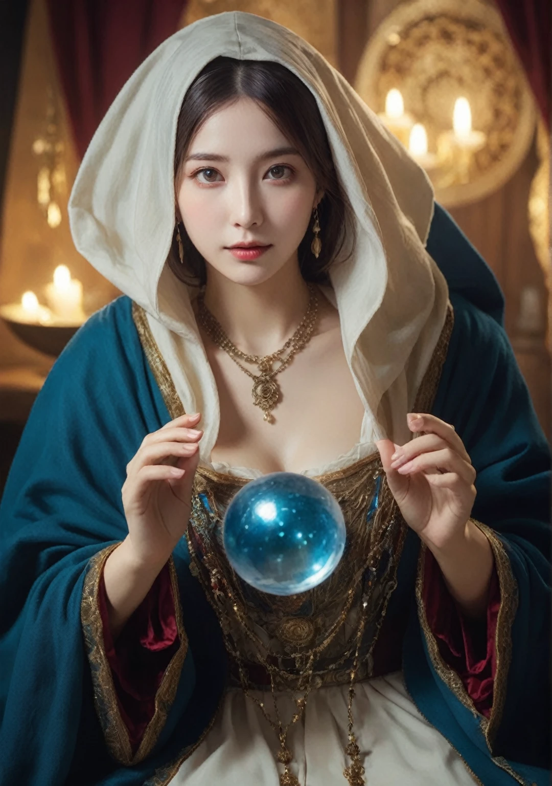 Body Orientation: front. Female fortune teller. Charm, Beautiful and mysterious. She is wearing a blue cape、Have a clear face. The atmosphere is bright and sparkling, 不安and期待でいっぱい. A fortune teller is standing. He has a crystal ball in each hand. The lighting in the room is bright, Create a fantastic atmosphere. Best image quality, 4K or 8K resolution. Extremely detailed and realistic, Almost photorealistic. Emphasis on mystical and mystical themes. 占い師のマントは金属の縁取りand複雑なデザインで装飾されており、The thickness ratio is 1。.5. The overall atmosphere is fantastical, like a starry sky.. The fortune teller's facial expression should arouse mystical interest..
Translate with DeepL.and (Free version)