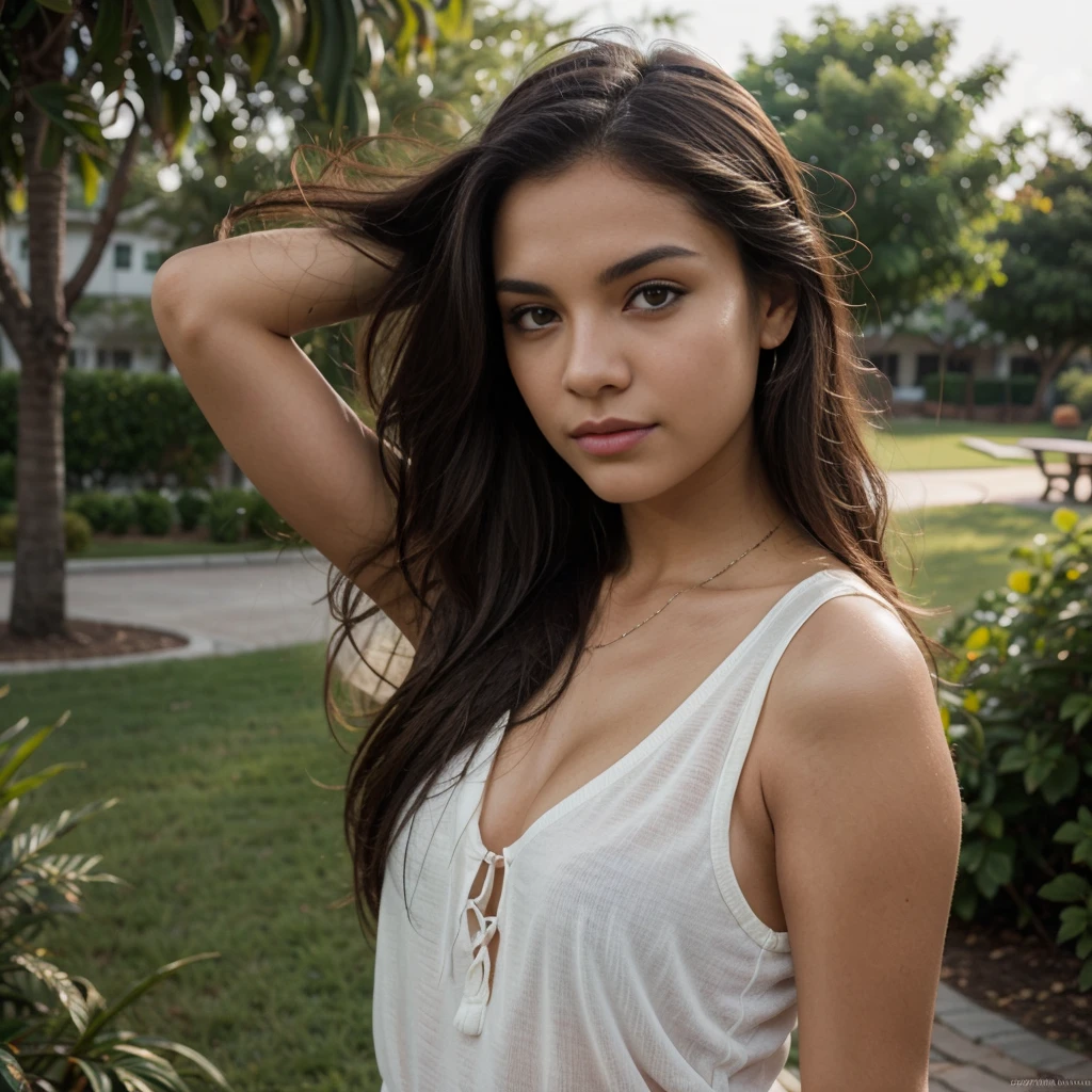 A photorealistic of a 21-year-old mexican girl sexy with long, flowing dark hair and striking dark eyes. She should have a natural, approachable expression and be illuminated by soft, The background should be a scenic outdoor setting, perhaps a sunlit park or beach. Capture this image with a high-resolution photograph using an 85mm lens for a flattering perspective.