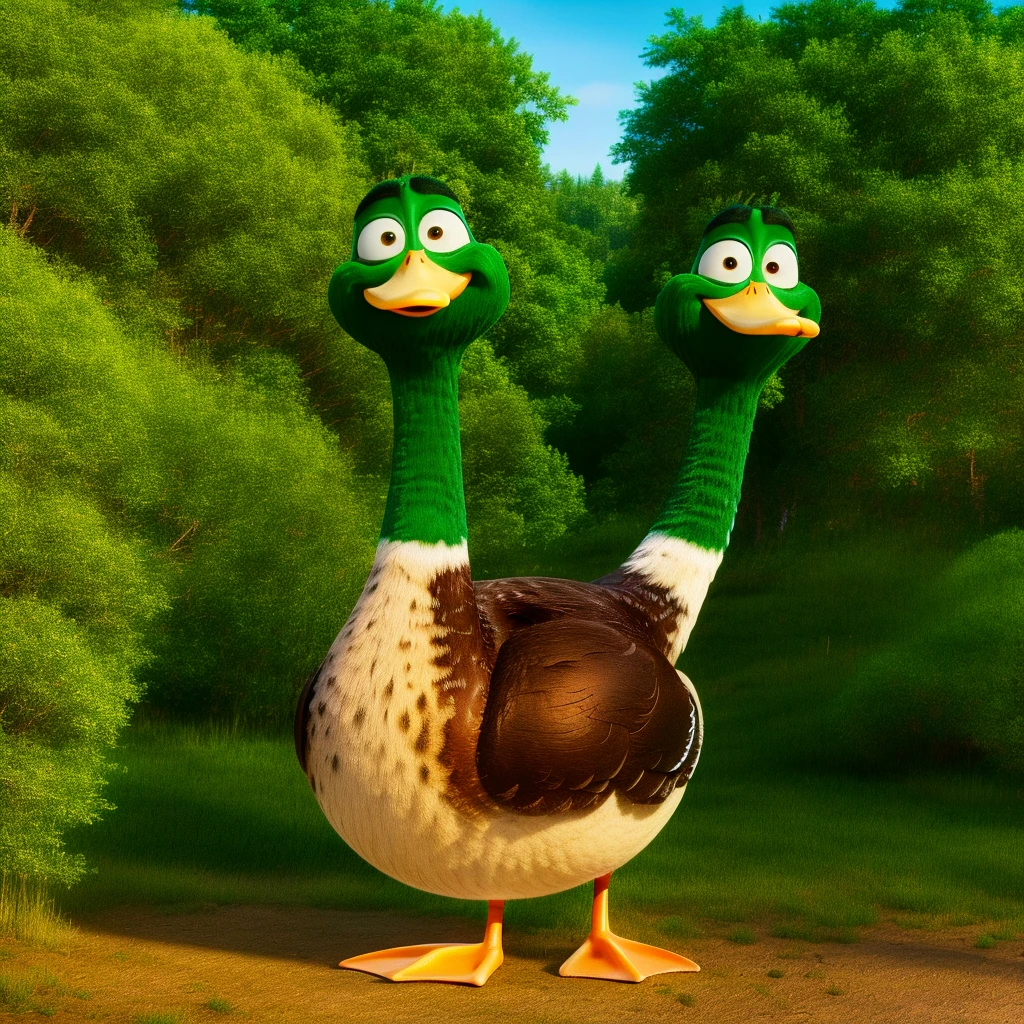 Migration movie, Mack a male mallard duck, feral, standing, looking at viewer, smiling, forest landscape, daytime