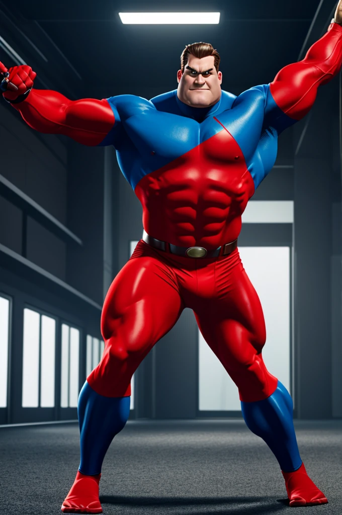 Generates an image of Mr Incredible in his red uniform with his normal arms down with one foot forward and one foot back like a woman standing.