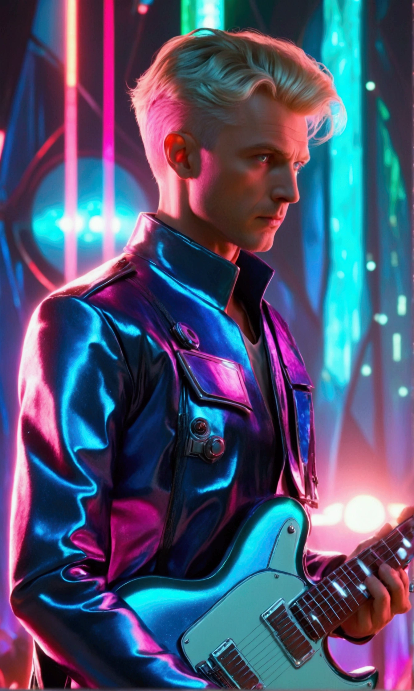 Early 40s、A man with short blonde hair and a slightly bald face , stunning green eyes, Detailed facial features, Wearing a glittering silver and blue sci-fi outfit, I have an electric guitar, Standing on a stage lit up by neon lights, Dramatic sci-fi Alderaan landscape in the background, A powerful and emotional musical performance, Realistic, 8K, Highest quality, Very detailed