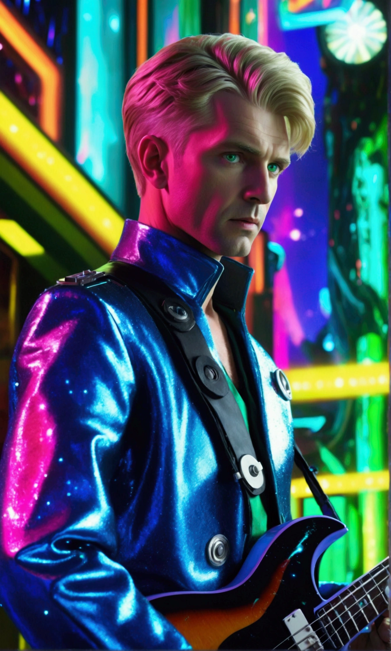 Early 40s、A man with short blonde hair and a slightly bald face , stunning green eyes, Detailed facial features, Wearing a glittering silver and blue sci-fi outfit, I have an electric guitar, Standing on a stage lit up by neon lights, Dramatic sci-fi Alderaan landscape in the background, A powerful and emotional musical performance, Realistic, 8K, Highest quality, Very detailed