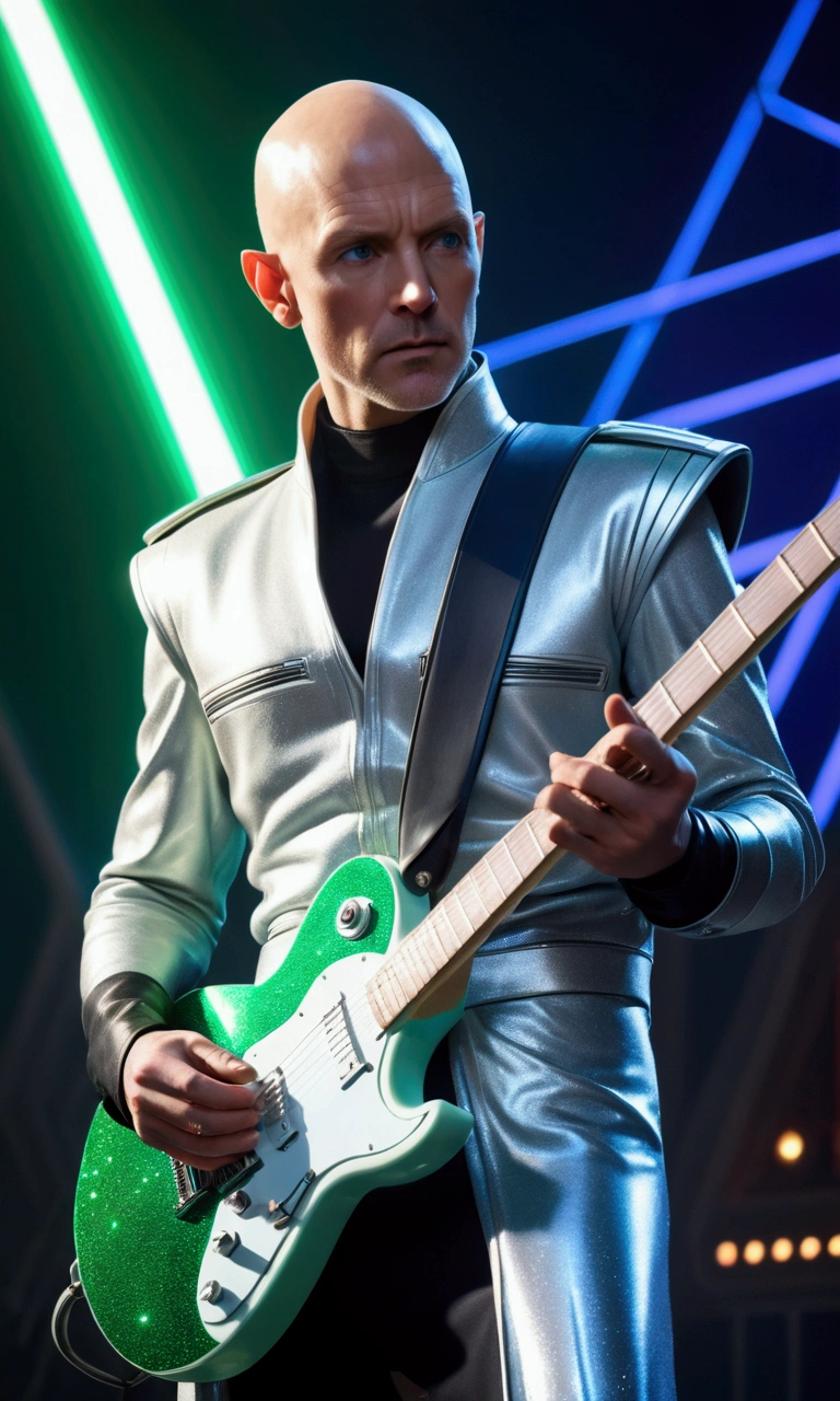 Early 40s、A man with short blonde hair and a slightly bald face , stunning green eyes, Detailed facial features, Wearing a glittering silver and blue sci-fi outfit, I have an electric guitar, Standing on a stage lit up by neon lights, Dramatic sci-fi Alderaan landscape in the background, A powerful and emotional musical performance, Realistic, 8K, Highest quality, Very detailed
