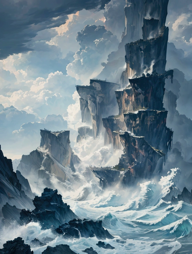 intricate detailed waves, dramatic crashing ocean waves, dramatic stormy seascape, moody cloudy sky, dramatic lighting, cinematic atmosphere, dark ominous mood, turbulent churning ocean, windswept rocks and cliffs, rugged coastal landscape, brooding dramatic scene, heavy rain and mist, deep blue tones, gloomy overcast lighting, painterly realistic style, (best quality,8k,highres,masterpiece:1.2),ultra-detailed,(realistic,photorealistic,photo-realistic:1.37)