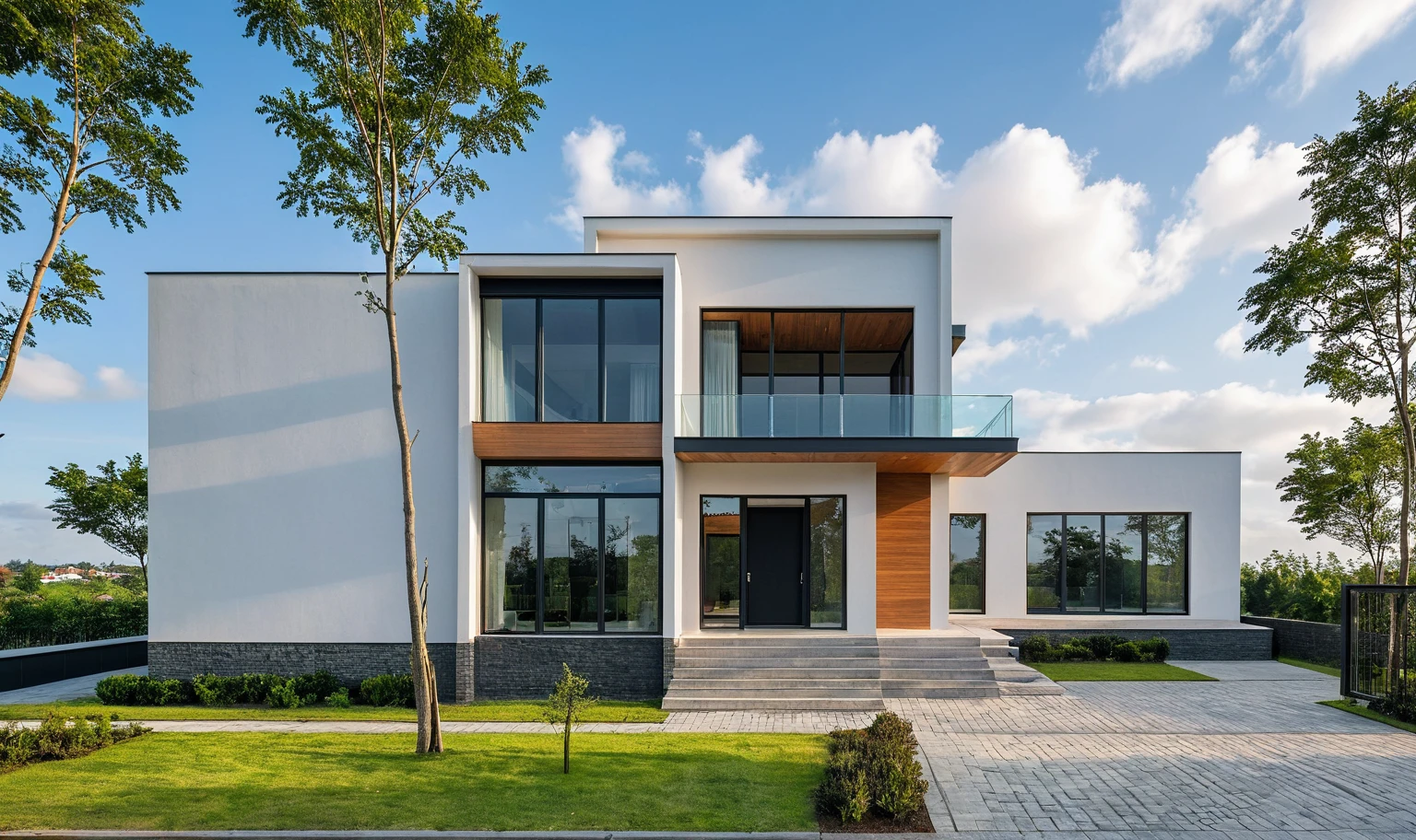 Masterpiece, high quality, best quality, authentic, super detail, outdoors, onestoreyvillaXL, aiaigroup, house style modern on the street ,stairs, white wall ,road,pavement, grass, trees, sky, cloud, (daylight:1.1)