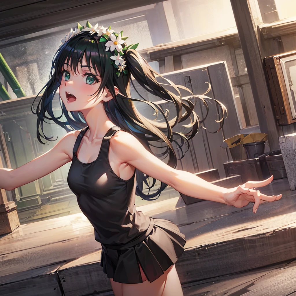 hug, (High resolution:1.4), (masutepiece:1.2), (High quality:1.3) 1girl, saten ruiko, green eyes, long hair, black hair, small breast, tank top, hot pants, cinematic lighting,  pov, dynamic angle, nsfw, open mouth, smile