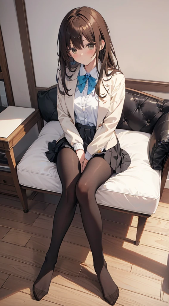 Top quality, masterpiece, High resolution, (Head to toe full body), front, frontやや下からの構図, Symmetric, Tall 18 year old girl, alone, (Head to toe), (Small breasts), Unkempt brown hair, bangs, (black tights), (Black Pantyhose), (Sit with your legs apart), (Crouching pose), (A composition showing white panties), (Her legs were spread、I see your white pants.), (I was made to sit on the floor with my legs spread..), (M-shaped legs), Thin legs, A very beautiful and tall 18 year old girl, (No shoes), blush, Shy big eyes, looking at the camera, Blazer Uniform, Checkered Pleated Skirt