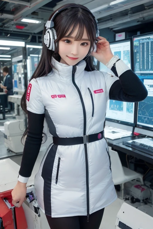 masterpiece, Highest quality, Very detailed, 8K Portrait,Japanese Android Girl,plump , Control panel,Robotic arms and legs, Blunt bangs,,break (Metallic Gray, Metallic luster, Mirror finish, Astro Best):5,headphone:5,break (Black sleeves):100,Smart Watches,Futuristic space station,Control Room,break headphone,blue eyes,(Black Hair):2,(Long Hair):1.3,Viewer Display,(respirator),break blush:3,Hidden Hand,smile
