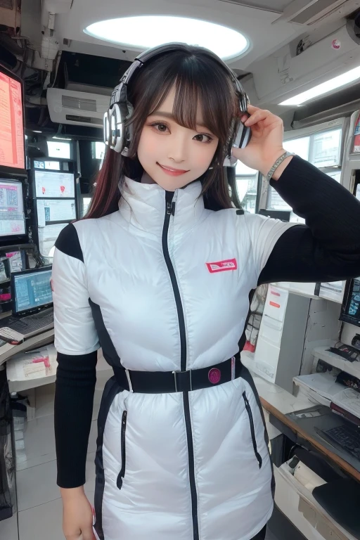 masterpiece, Highest quality, Very detailed, 8K Portrait,Japanese Android Girl,plump , Control panel,Robotic arms and legs, Blunt bangs,,break (Metallic Gray, Metallic luster, Mirror finish, Astro Best):5,headphone:5,break (Black sleeves):100,Smart Watches,Futuristic space station,Control Room,break headphone,blue eyes,(Black Hair):2,(Long Hair):1.3,Viewer Display,(respirator),break blush:3,Hidden Hand,smile