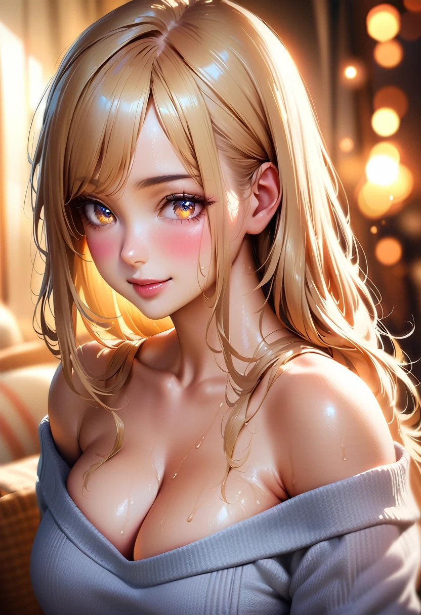 (high quality, High resolution, Fine details), Realistic, Cozy atmosphere, Elegant style woman, (Beautifully detailed off-the-shoulder sweater:1.2), alone, Curvy Women, Blonde, Long Hair, Sparkling eyes, (Fine grain:1.2), smile, blush, Sweat, Oily skin, Shallow depth of field, Natural light, Soft Focus, Dreamy atmosphere, Soft and warm texture, Bokeh effect,Big Breasts,Huge , Cleavage 