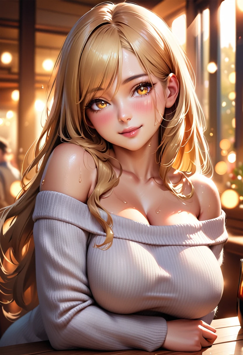 (high quality, High resolution, Fine details), Realistic, Cozy atmosphere, Elegant style woman, (Beautifully detailed off-the-shoulder sweater:1.2), alone, Curvy Women, Blonde, Long Hair, Sparkling eyes, (Fine grain:1.2), smile, blush, Sweat, Oily skin, Shallow depth of field, Natural light, Soft Focus, Dreamy atmosphere, Soft and warm texture, Bokeh effect,Big Breasts,Huge , Cleavage