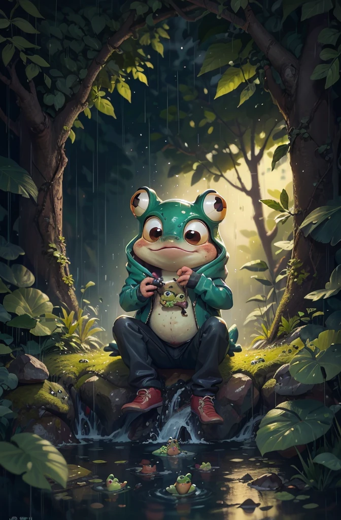  Pixar movie style, 最high quality, Still image, very cute, Big eyes，very happy，Attention to detail, high quality, masterpiece, Accurate, Super detailed，there is a frog that is sitting on a branch in the water, beautiful frog, raining!, French Ranting, by rainer hosch, award-winning nature photographygraph, rain!!!!, cute frog, dancing in the rain, rain splashing, award-winning nature photography, frog, the wednesday frog, wet from rain, National Geographic Photo, raining award winning photo, drop