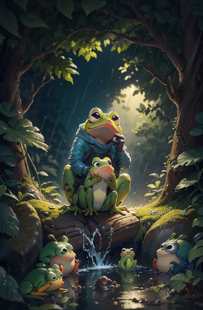 Pixar movie style, 最high quality, Still image, very cute, Big eyes,very happy,Attention to detail, high quality, masterpiece, Accurate, Super detailed,there is a frog that is sitting on a branch in the water, beautiful frog, raining!, French Ranting, by rainer hosch, award-winning nature photographygraph, rain!!!!, cute frog, dancing in the rain, rain splashing, award-winning nature photography, frog, the wednesday frog, wet from rain, National Geographic Photo, raining award winning photo, drop