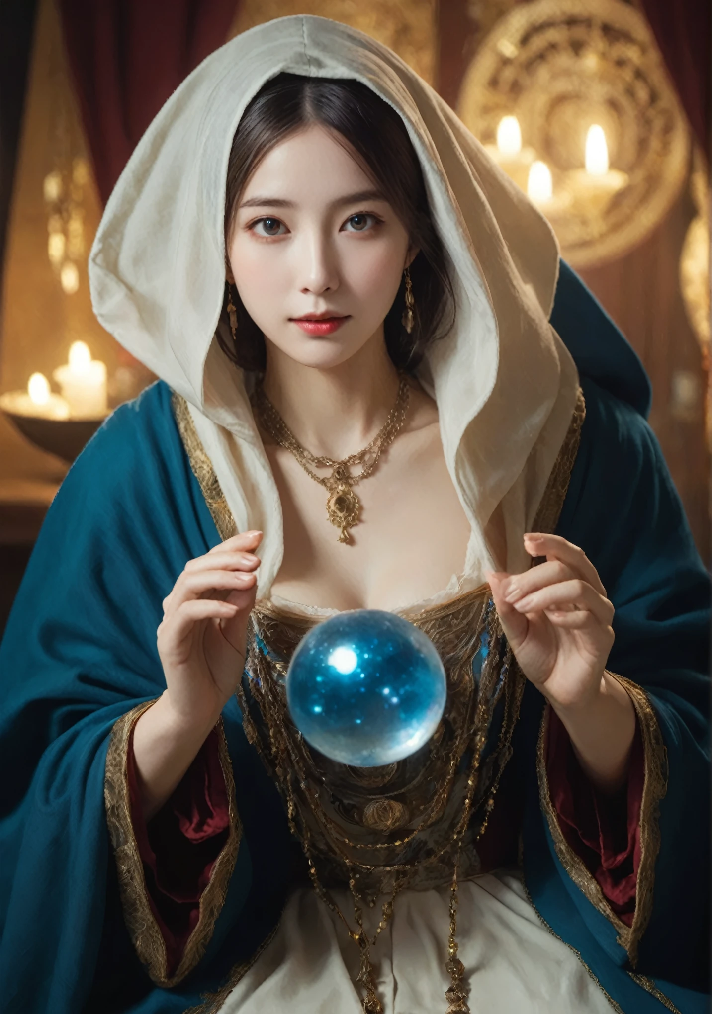 Body Orientation: front. Female fortune teller. Charm, Beautiful and mysterious. She is wearing a blue cape、Have a clear face. The atmosphere is bright and sparkling, 不安and期待でいっぱい. A fortune teller is standing. He has a crystal ball in each hand. The lighting in the room is bright, Create a fantastic atmosphere. Best image quality, 4K or 8K resolution. Extremely detailed and realistic, Almost photorealistic. Emphasis on mystical and mystical themes. 占い師のマントは金属の縁取りand複雑なデザインで装飾されており、The thickness ratio is 1。.5. The overall atmosphere is fantastical, like a starry sky.. The fortune teller's facial expression should arouse mystical interest..
Translate with DeepL.and (Free version)