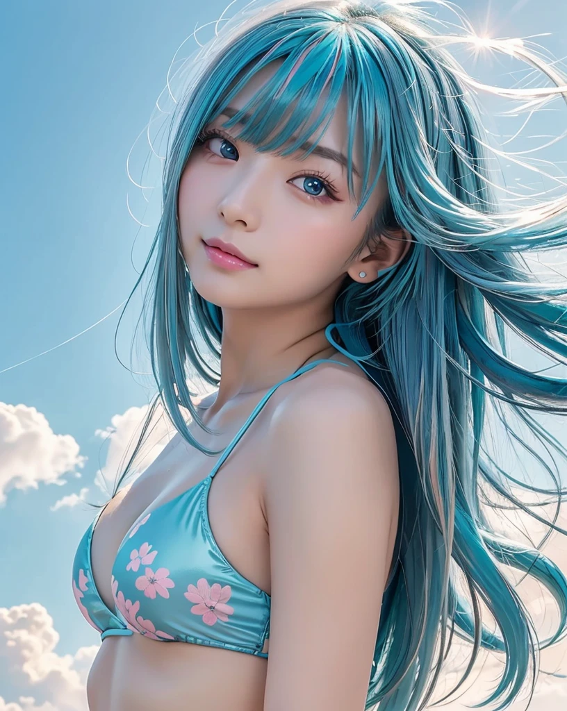 (Highest quality, 32k, High resolution, Masterpiece:1.5, ), marimo_jet, god々A photograph with brilliant dazzling and healing power., Evoking a sense of calm and elusive beauty, Expressing emotions, Have a rich imagination, The road to the horizon, Nostalgic scenery of youth, Beautiful Japanese Girls, ((Low - Angle:1.4)), An exceptionally beautiful face, Small Face Beauty, Perfect Human ???????, Magical big eyes, Motherhood and generosity, Deep Love, fleeting smile, ((Shiny light blue hair:1.4)), Super long straight silk hair swaying in the wind, Asymmetrical bangs, Hair between the eyes, Transparent, soft white skin, Sharp eyebrows, Thin lashes, Natural Makeup, Cheek highlighter, Lips with fine detail, (Pastel floral bikini:1.4), High resolutionの完璧な鎖骨, High resolutionの美しい胸元, Slim figure with ample breasts, High resolutionの美しい太もも, ((Beautiful detailed sky background:1.2)), ((Shining in the morning sunlight)), Professional photographer, Professional Lighting, Professional models, god秘的