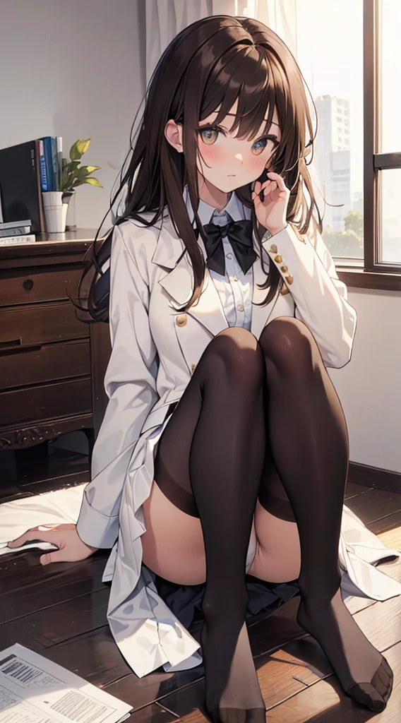 Top quality, masterpiece, High resolution, (Head to toe full body), front, frontやや下からの構図, Symmetric, Tall 18 year old girl, alone, (Head to toe), (Small breasts), Unkempt brown hair, bangs, (black tights), (Black Pantyhose), (Sit with your legs apart), (Crouching pose), (A composition showing white panties), (Her legs were spread、I see your white pants.), (I was made to sit on the floor with my legs spread..), (M-shaped legs), Thin legs, A very beautiful and tall 18 year old girl, (No shoes), blush, Shy big eyes, looking at the camera, Blazer Uniform, Checkered Pleated Skirt