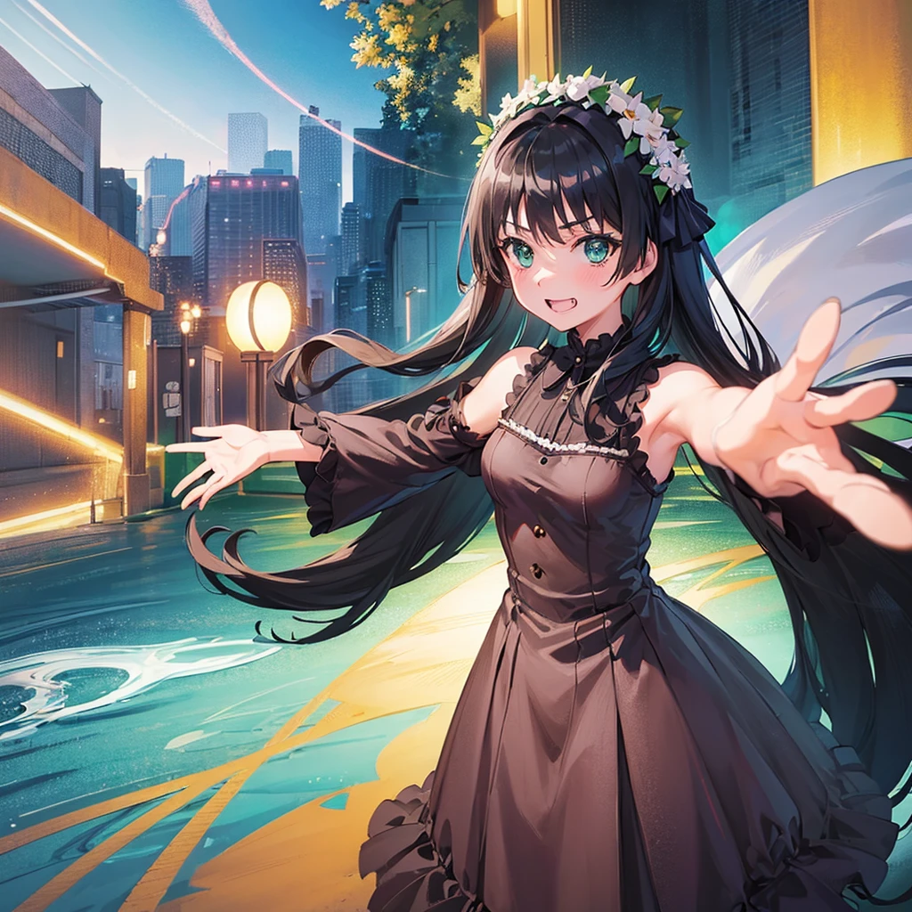 (High resolution:1.4), (masutepiece:1.2), (High quality:1.3) 1girl, saten ruiko, green eyes, long hair, black hair, small breast, gothic lolita fashion, cinematic lighting, pov, grin