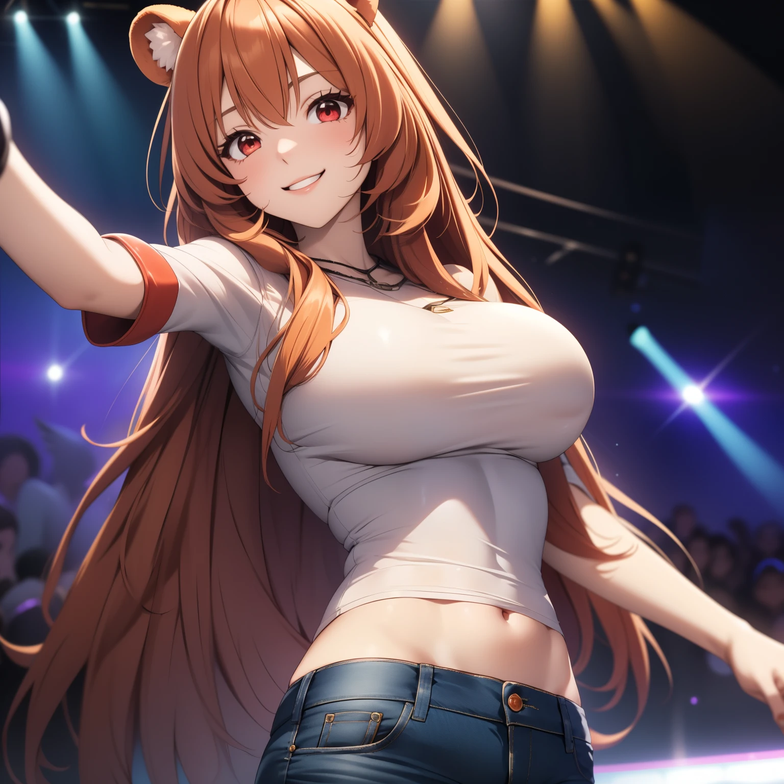 Raphtalia woman 23 years old straight orange hair , round bear ears, red eyes like ruby., flirtatious smile, pale skin, big breasts,  Low-cut white top, red leather jacket, tight jeans  , esta bailando con muchos hombres en una disco, hombres, disco background. manos perfectas.