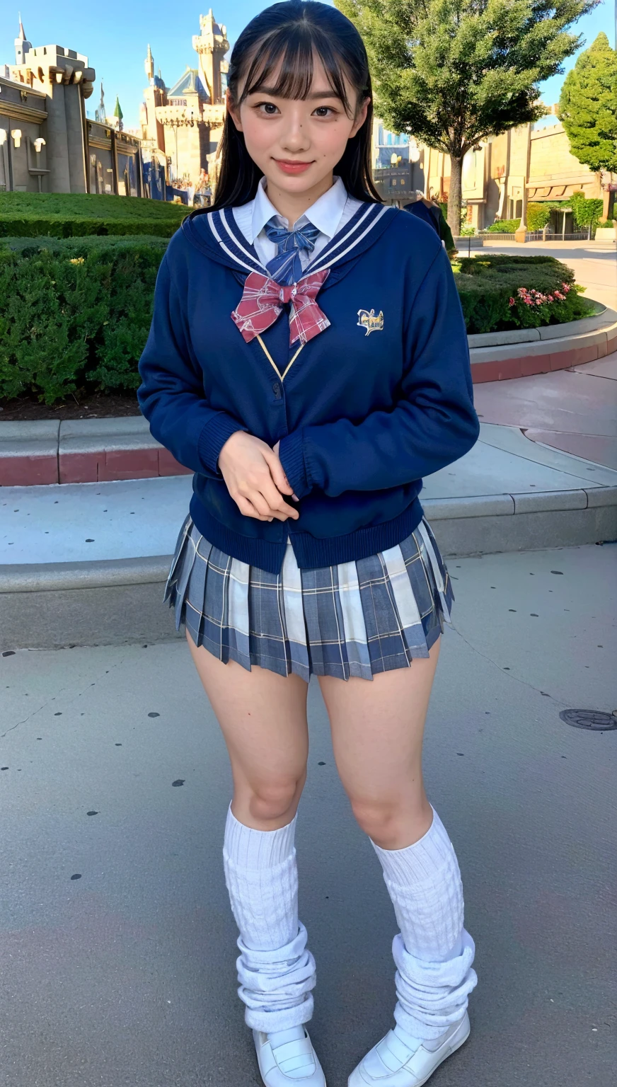 (photorealistic:1.4), (fullbody shot), best quality, masterpiece, raw 32k photo, (extremely detailed japanese beautiful girl), (extremely detailed eyes:1.2),(baby face), (cute face:1.2), ultra-detailed, ultra high res, amazing, BREAK,standing,
(school uniform:1.5),detailed school girl, (disneyland:1.4), beautiful detailed girl, bangs, cute face, miniskirt,(baggysocks)
