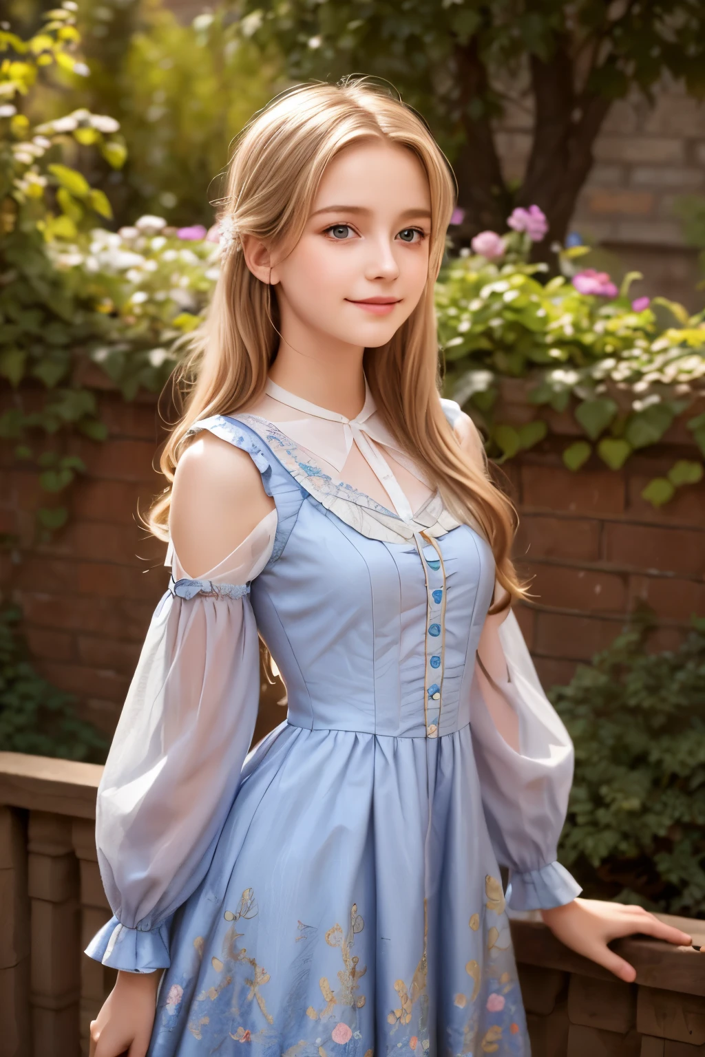 village realisticlying、Virginia Otis **-****-*** blonde hair blue eyes、City of victorian age, Europe. aristocrat girl、Looking up from below、 wear long sleeve sheer fabric dress、Various dynamic poses、Face smile、cute face, Depicts the whole body、a beautiful girl, extremely detailed eyes and face, long eyelashes, elegant dress, sunlight dappled garden, lush foliage, detailed floral patterns, soft lighting, cinematic composition, vibrant colors, photorealistic, 8k, high quality, dinamyc pose
