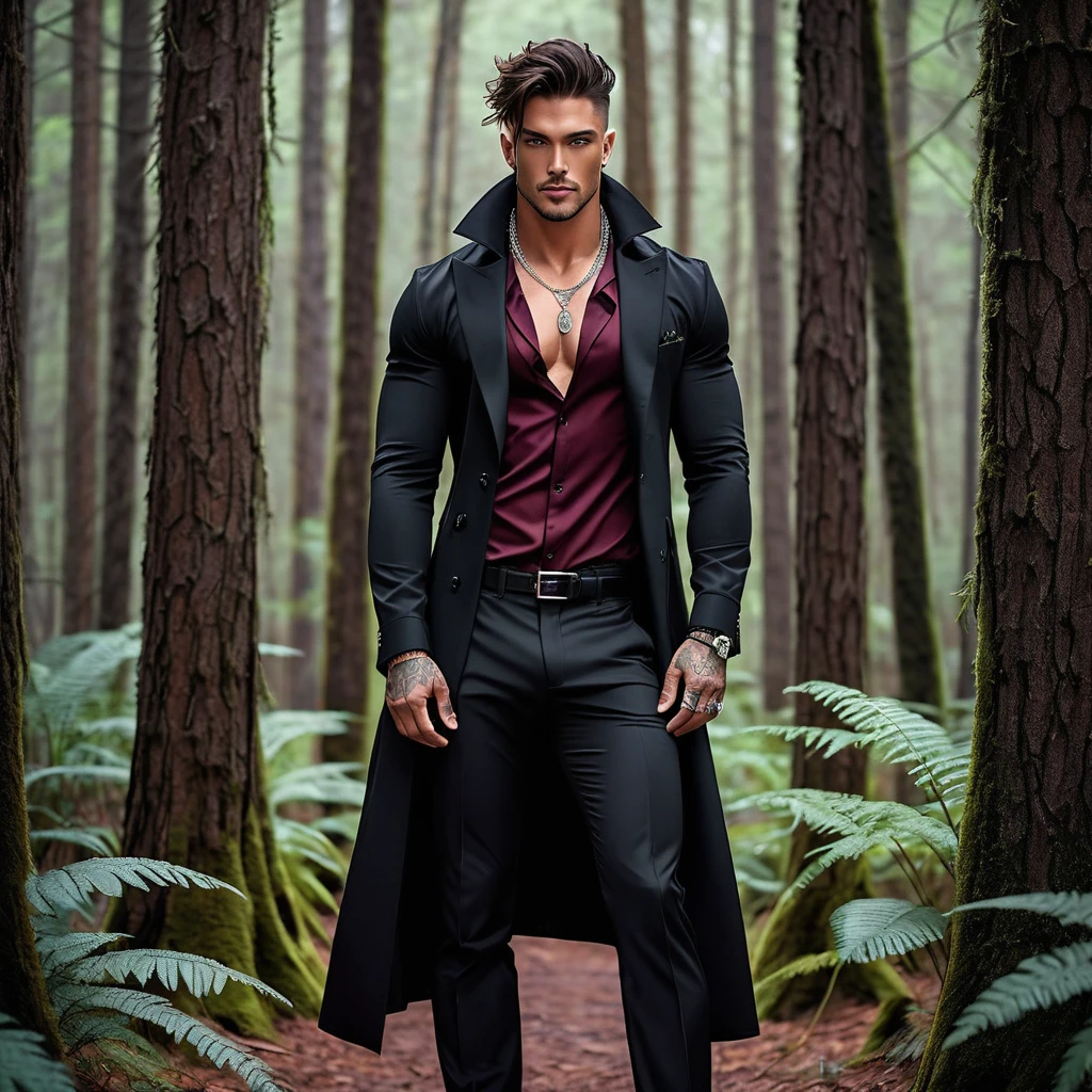 A Handsome Man, with Broad-shouldered, rugged muscular build, Tousled Jet Black hair, lightly tanned skin tone, and Onyx black eyes. He have tattoos all over his body, and silver chain necklace adorned his neck. He is clad in black coat over half-buttoned burgundy dress shirt, black tailored trousers, and black leather boots. With a cool smirk, he is standing in an alien-like forest.