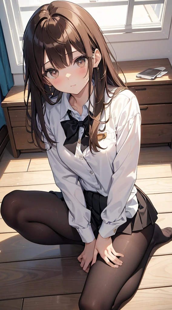 Top quality, masterpiece, High resolution, (Head to toe full body), front, frontやや下からの構図, Symmetric, Tall 18 year old girl, alone, (Head to toe), (Small breasts), Unkempt brown hair, bangs, (black tights), (Black Pantyhose), (Sit with your legs apart), (Crouching pose), (A composition showing white panties), (Her legs were spread、I see your white pants.), (I was made to sit on the floor with my legs spread..), (M-shaped legs), Thin legs, A very beautiful and tall 18 year old girl, (No shoes), blush, Shy big eyes, looking at the camera, Blazer Uniform, Checkered Pleated Skirt