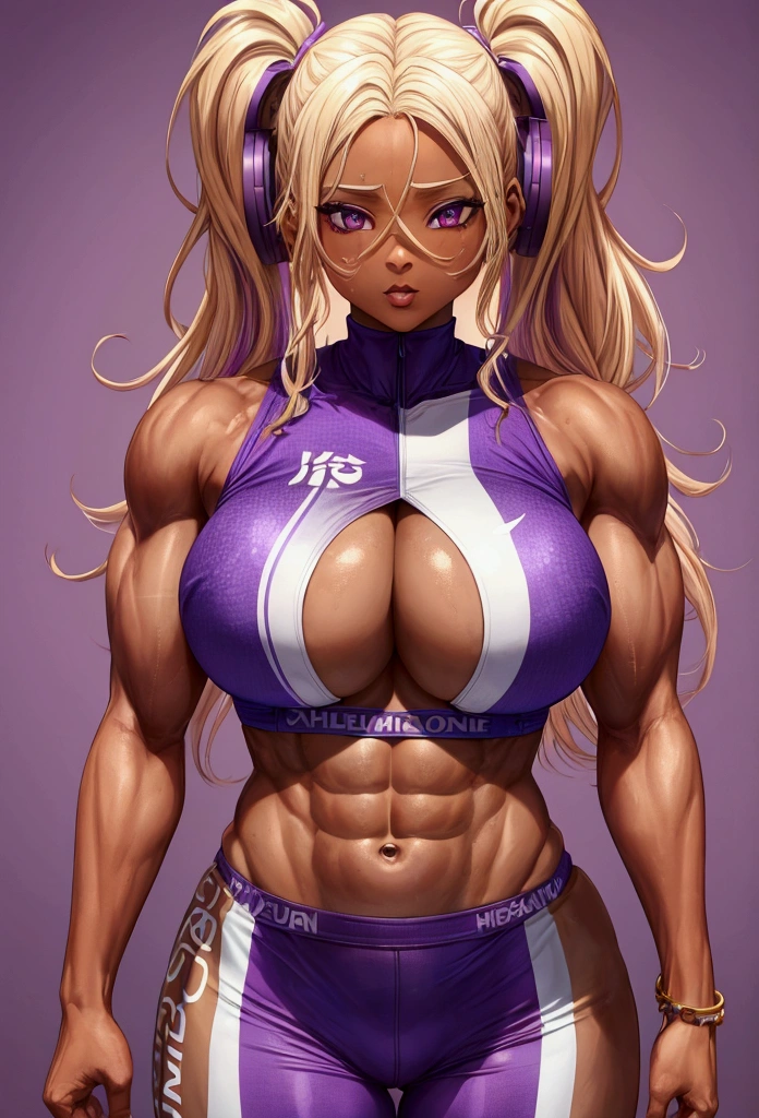 26 year old woman, brown skin, purple eyes, blonde hair, big breasts, muscular, wearing sports clothing