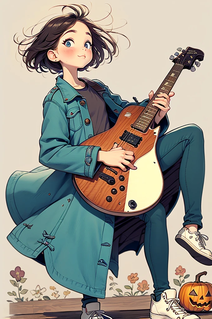 ella, teenager energetic black eyes Dressed for an important date, ella usa um vestido estampado floral uma coroa de plástico como a Cinderella E patins in-line deitada na cama. He looks like a star with an overcoat like a pirate, black hair and eyes, brunette skin, jeans and sneakers. With your plastic guitar.Como no dia do Halloween.