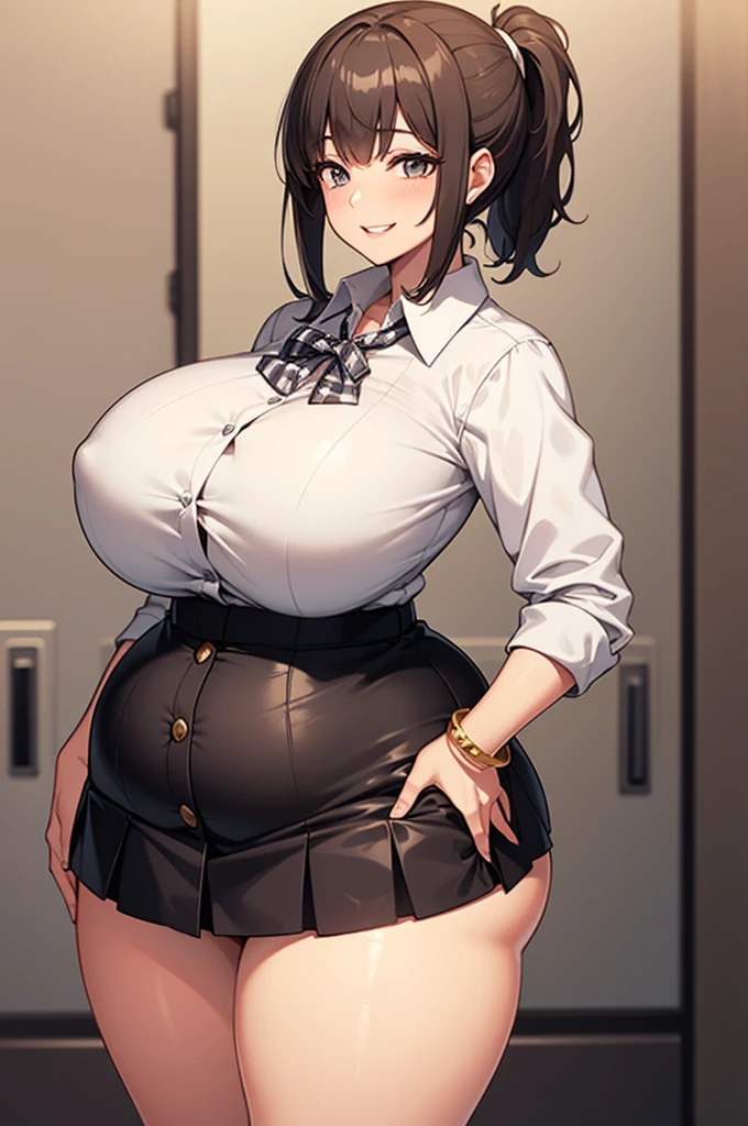 Highest quality, Solo Mature, Huge breasts, Huge Ass, Very curvaceous, Short ponytail with bangs, walnut color eyes, Fuller lips, Fascinating, smile, A revealing white button-up tied in a knot, Checked skirt, bracelet, Thick thighs, Curvaceous physique
